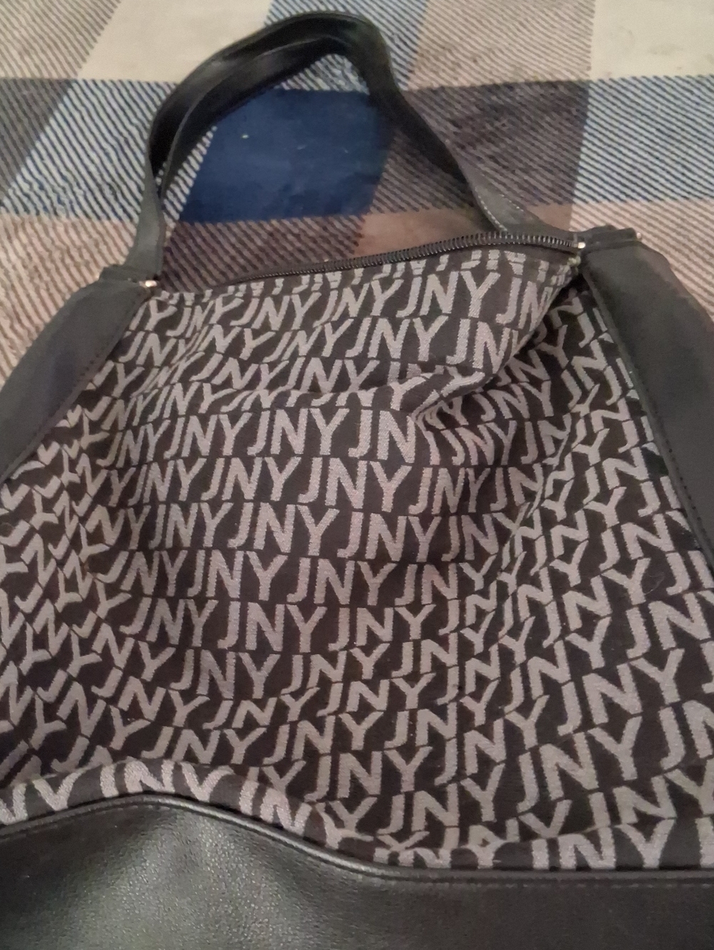 New York & Company Black Tote with Gray NY Logo Pattern